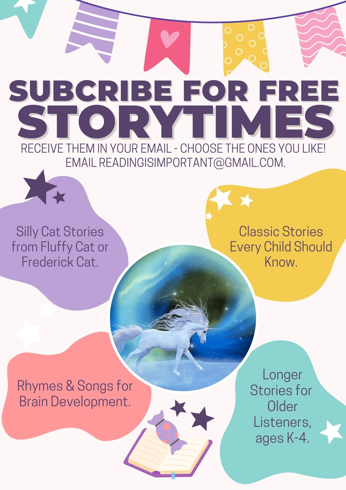 Information about Storytime Sent by Email.  Email readingisimportant@gmail.com for more information.